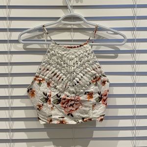 White Floral Lace Zip-Up Spaghetti Strap Top